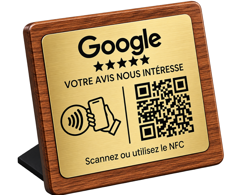 Google review plaque with QR code and NFC tap icon