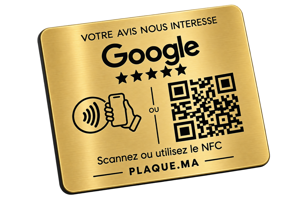 Instagram and Google review plaques on wooden stand